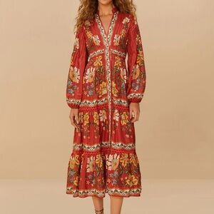 Farm Rio Garden Delight Red Midi Dress XS NWT